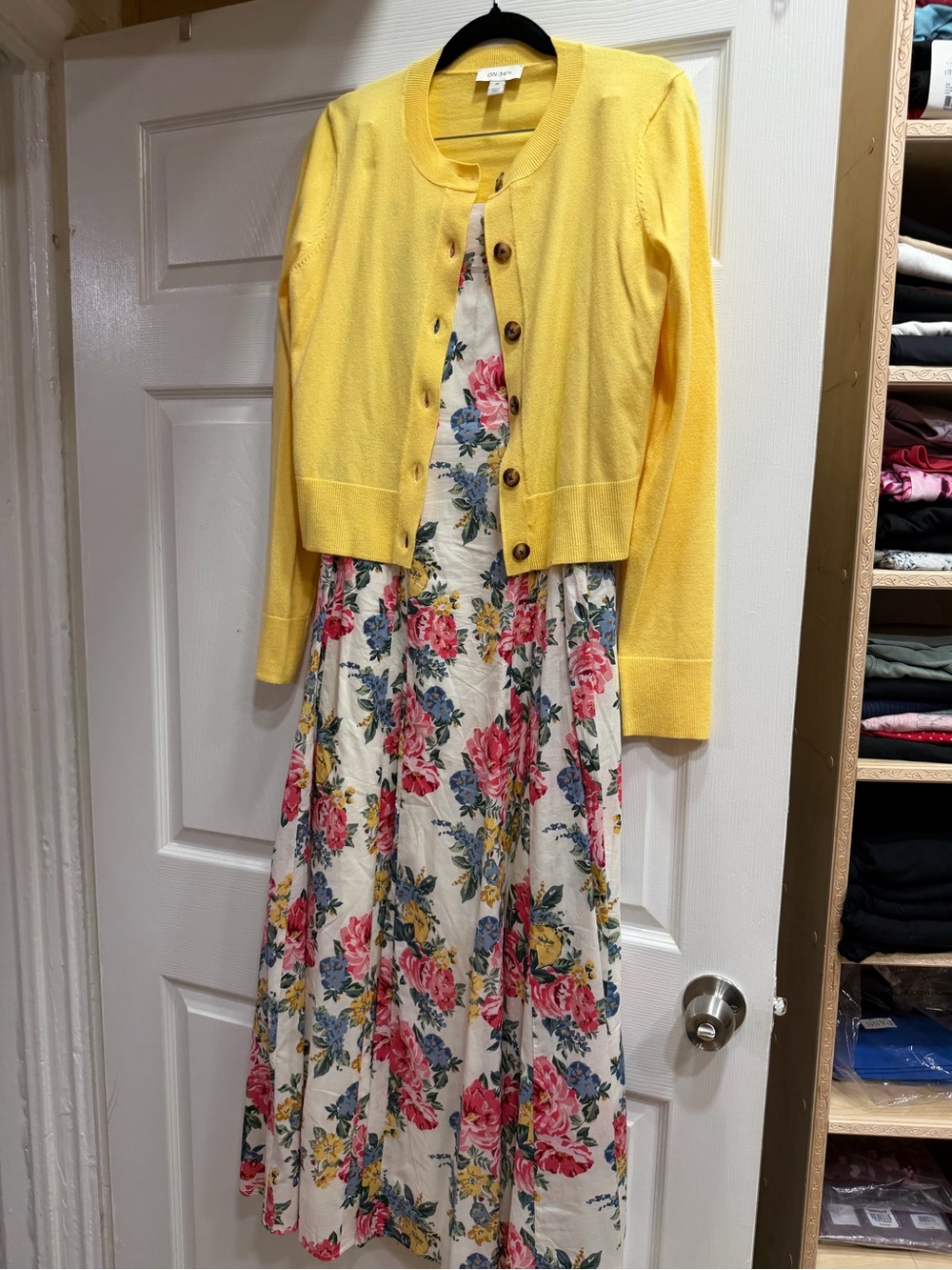 Yellow Cardigan with Floral Cream Maxi Dress - women’s